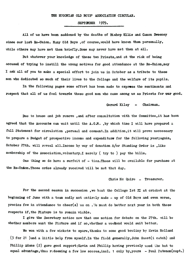 Hugonian Association Newsletter 1979 page 1