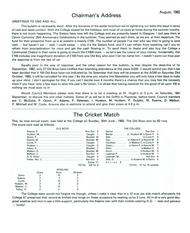 Hugonian Association Newsletter 1982 page 1