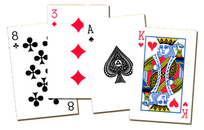 8 of clubs, 3 of diamonds, the ace of spades and the king of hearts