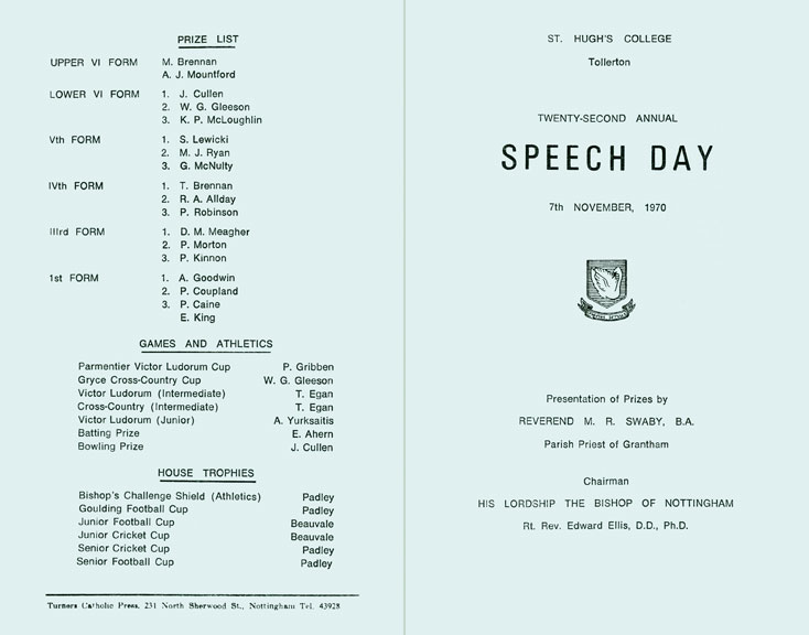 Speechday 1970 programme